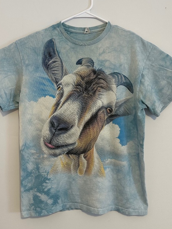 Delta Other - Goat Animal Graphic Print T-Shirt Large Baby Blue Acid Wash Y2K Short Sleeve